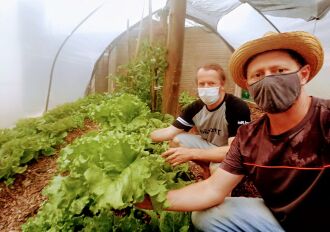 Professores Iltomar e Nei (ao fundo) dividem com a vizinhança a produção da horta. (Foto: Divulgação) 