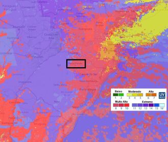 Mapa do Índice UV no início da tarde na área de Passo Fundo - Reprodução – CPTEC