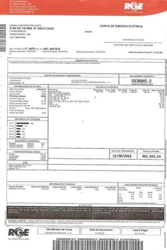 Em julho desse ano, uma consumidora recebeu a conta de luz no valor de R$ 1.093,64