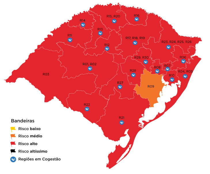 Apenas a região de Guaíba ficou com bandeira laranja (risco médio) no mapa definitivo (Imagem: Divulgação)