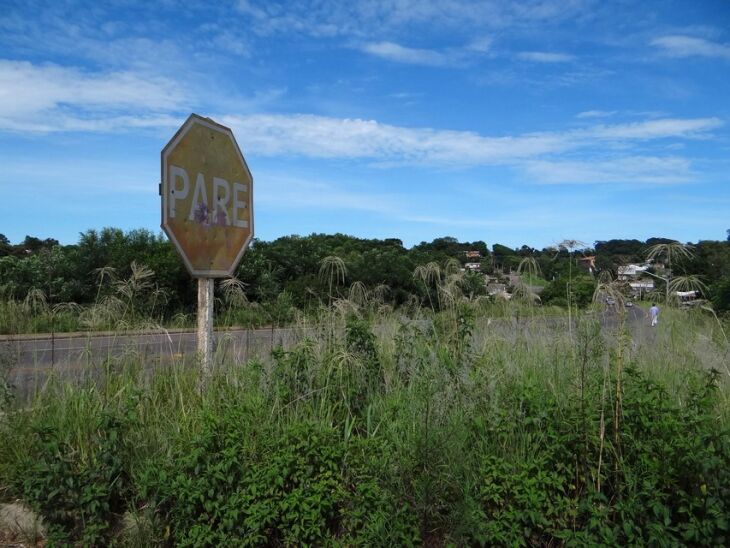 Em um dos acessos próximo à Vila Jardim o mato está quase na altura da placa de sinalização e dificulta o acesso à ERS-324