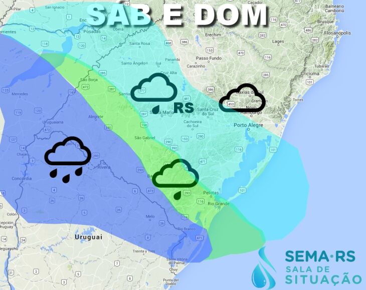 Imagem mostra previsão de chuva mais forte na região da Campanha