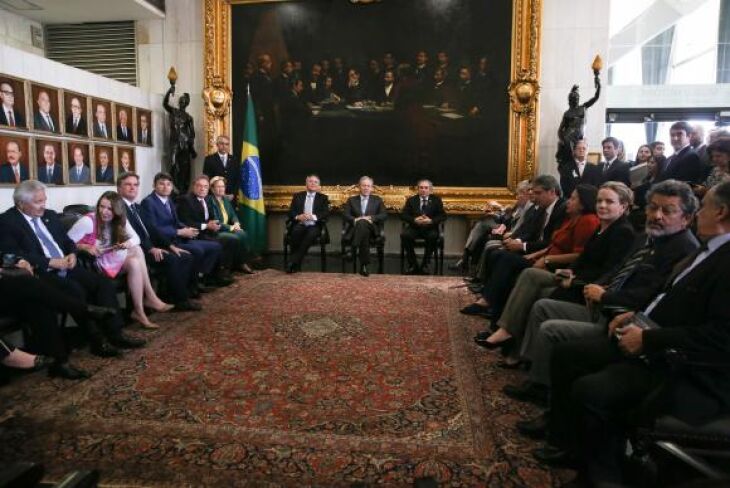 Presidentes do STF e do Senado, Ricardo Lewandowski e Renan Calheiros, em reunião com o relator e o presidente da Comissão do Impeachment, Antonio Anastasia e Raimundo Lira, e com lideranças partidárias do Senado